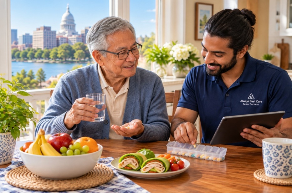 SENIOR MAN HOLDING WATER AND MEDICATION WHILE A CAREGIVER ORGANIZES A PILL CONTAINER AND REVIEWS A TABLET IN MADISON, WI.