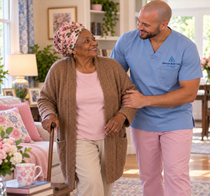 CAREGIVER ASSISTING AN OLDER WOMAN WITH MOBILITY IN VERONA, WI.