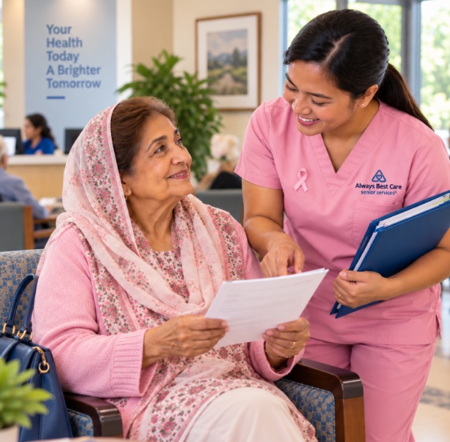 CAREGIVER REVIEWING PREVENTIVE SCREENING PAPERWORK WITH AN OLDER WOMAN IN FITCHBURG, WI.