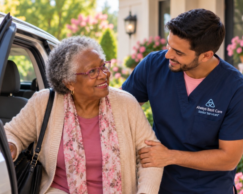 BREAST CANCER AWARENESS FOR OLDER ADULTS 3 CAREGIVER ASSISTING AN OLDER WOMAN WITH TRANSPORTATION IN MADISON, WI.