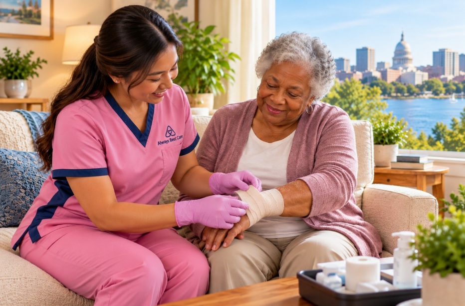 CAREGIVER PROVIDING WOUND CARE SUPPORT TO AN OLDER WOMAN RECOVERING AT HOME IN MADISON, WI.