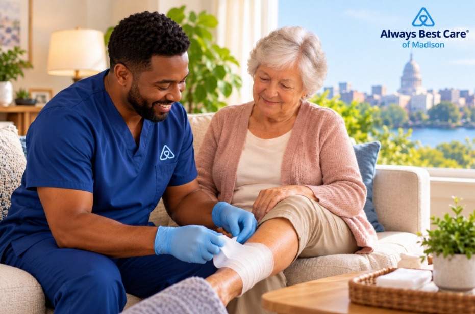 Skilled caregiver providing wound care support to a senior at home in Madison, WI.