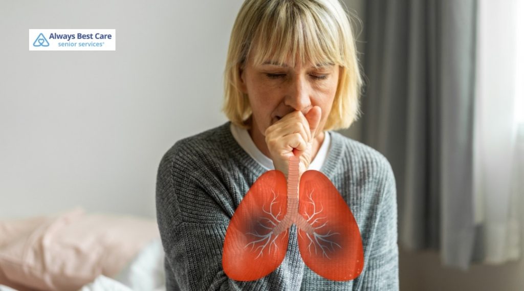 SENIOR WOMAN SITTING INDOORS WITH AN ILLUSTRATED PAIR OF LUNGS OVERLAID ON HER CHEST TO REPRESENT RESPIRATORY HEALTH.