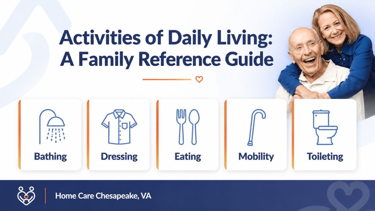 DAILY LIVING GUIDE FOR HOME CARE CHESAPEAKE, VA FEATURING BATHING, DRESSING, EATING, MOBILITY, AND TOILETING.