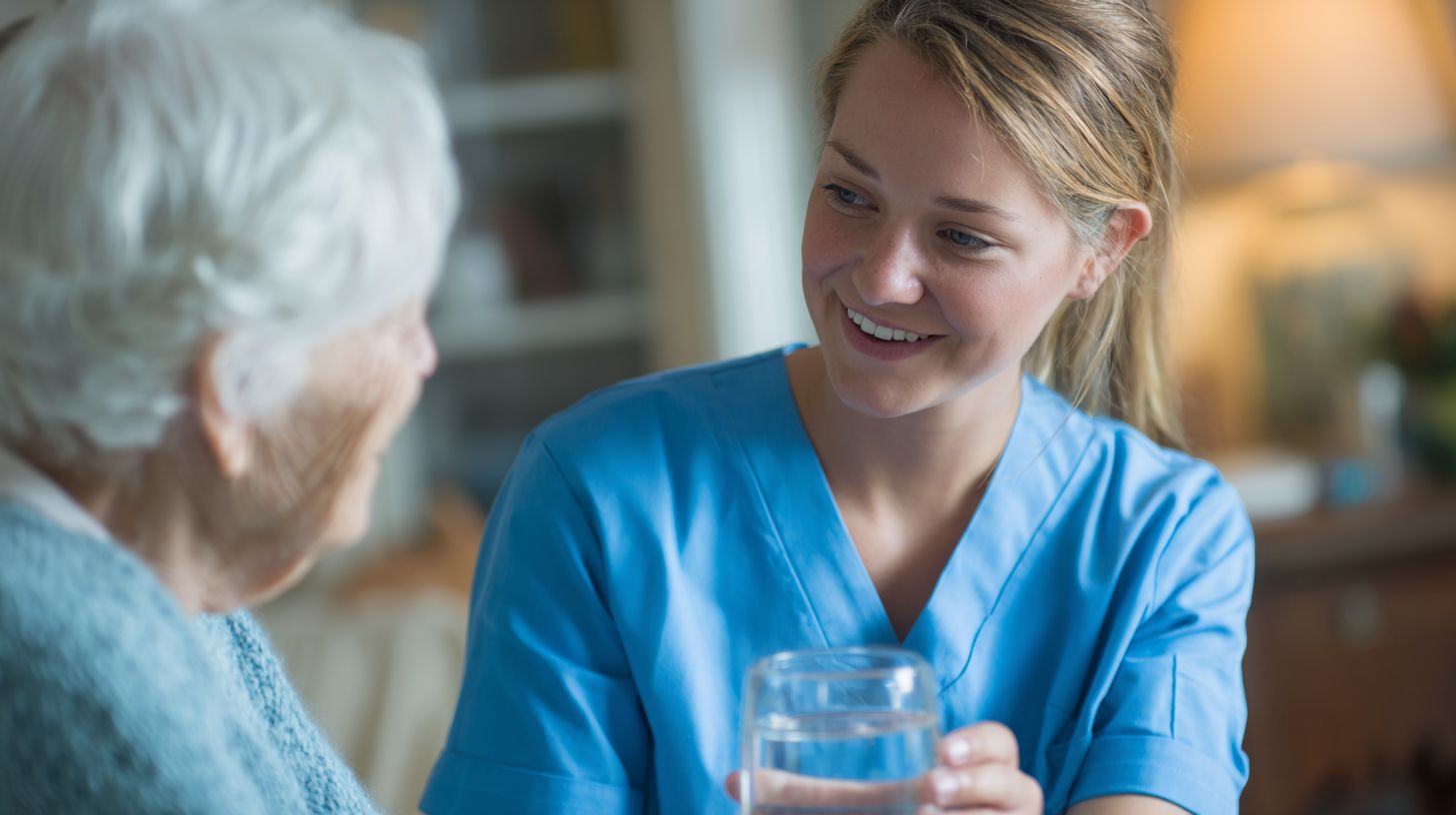HOME CARE CHESAPEAKE, VA CAREGIVER HANDS GENTLY OFFERING A GLASS OF WATER WITH DAILY MEDICATION TO AN ELDERLY SENIOR