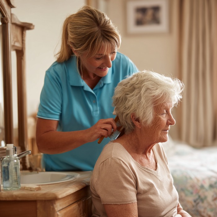 COMPASSIONATE HOME CARE HAMPTON, VA CAREGIVER HELPING AN ELDERLY SENIOR COMB THEIR HAIR AT A BRIGHT VANITY