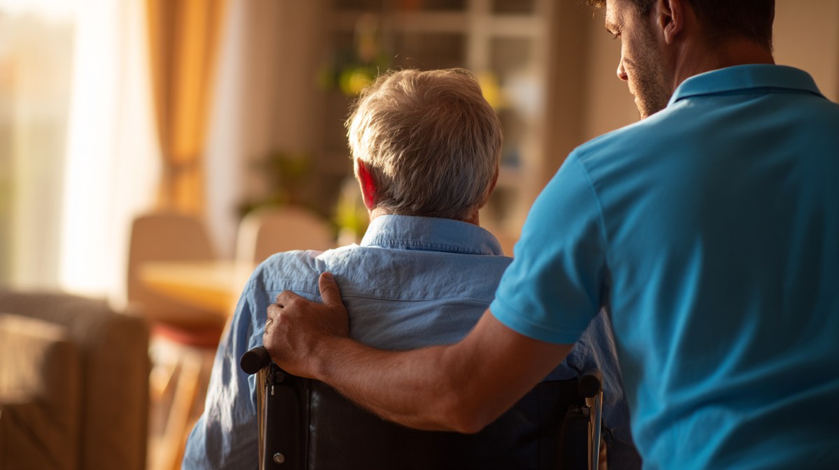 HOME CARE HAMPTON, VA CAREGIVER KINDLY HELPING AN ELDERLY SENIOR SET A DINING TABLE IN A WARM HOME SETTING