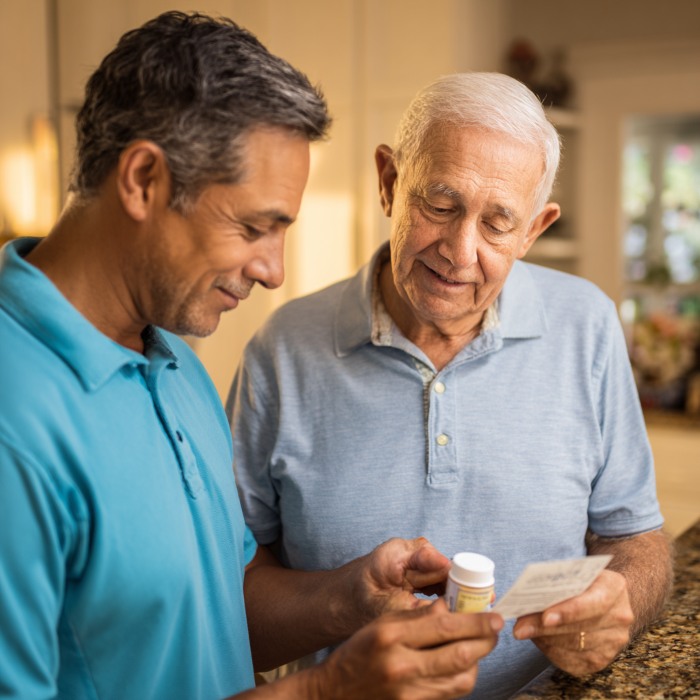 HOME CARE HAMPTON, VA CAREGIVER AND ELDERLY SENIOR REVIEWING A PRESCRIPTION MEDICATION LABEL TOGETHER FROM A SIDE ANGLE