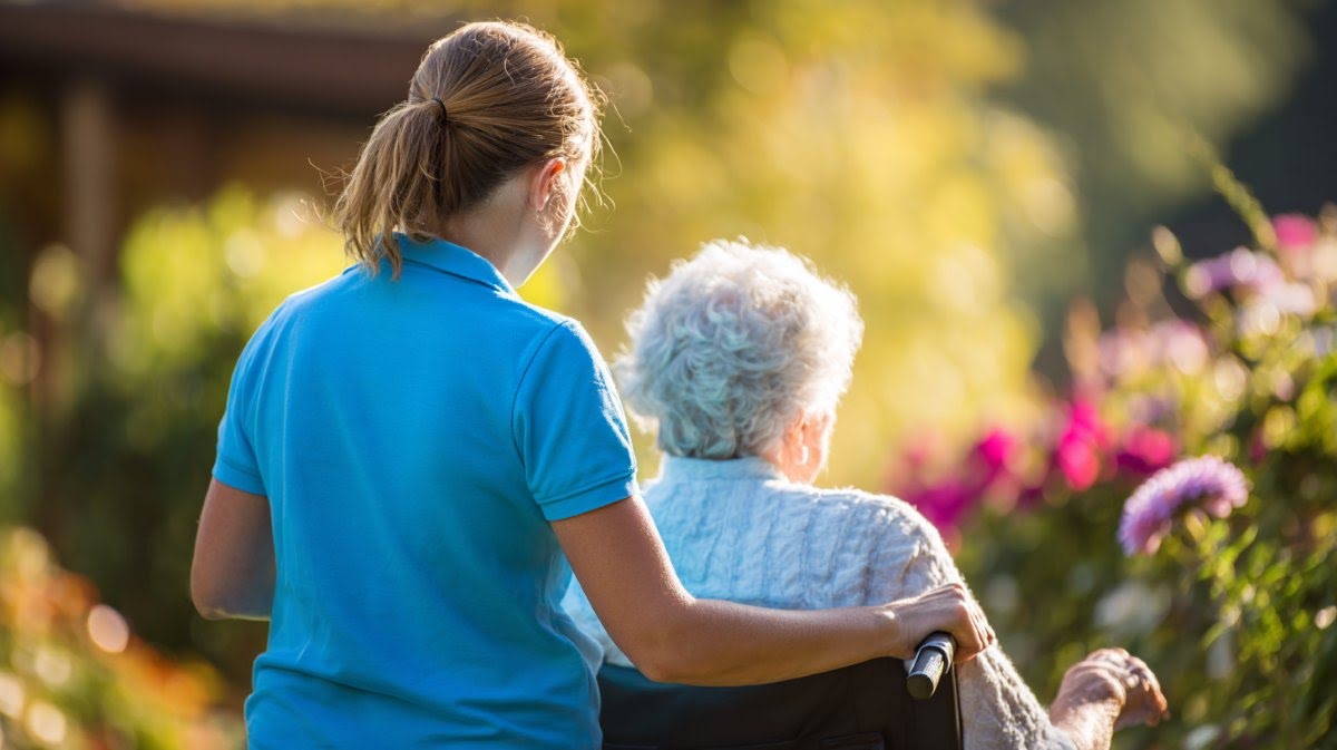HOME CARE NORFOLK, VA CAREGIVER WITH AN ELDERLY PERSON IN A WHEELCHAIR ENJOYING A WARM SUNNY FLOWER GARDEN TOGETHER