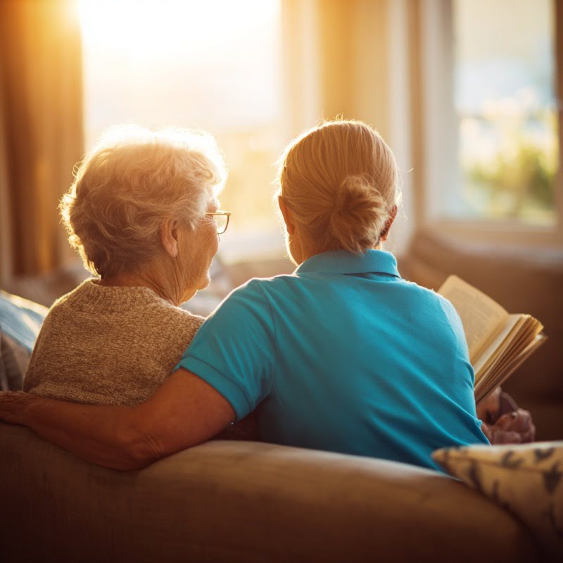 HOME CARE NORFOLK, VA COMPANION AND ELDERLY SENIOR READING A BOOK TOGETHER ON A BRIGHT COMFORTABLE SOFA