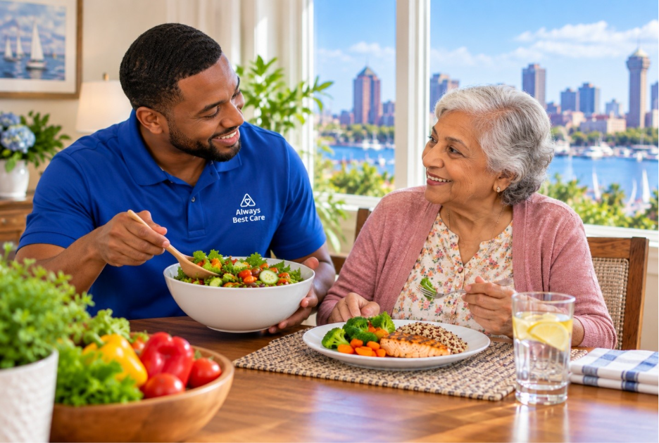 CAREGIVER ASSISTING AN OLDER ADULT WITH EVERYDAY ACTIVITIES AT HOME IN NORFOLK, VA.