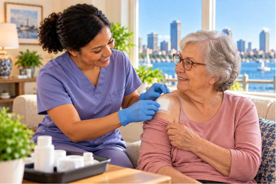 CAREGIVER PROVIDING WOUND CARE TO AN OLDER WOMAN'S SHOULDER DURING RECOVERY AT HOME IN NORFOLK, VA.
