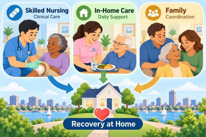 CARTOON INFOGRAPHIC SHOWING SKILLED NURSING, IN-HOME CARE, AND FAMILY COORDINATION SUPPORTING AN OLDER ADULT’S RECOVERY AT HOME.