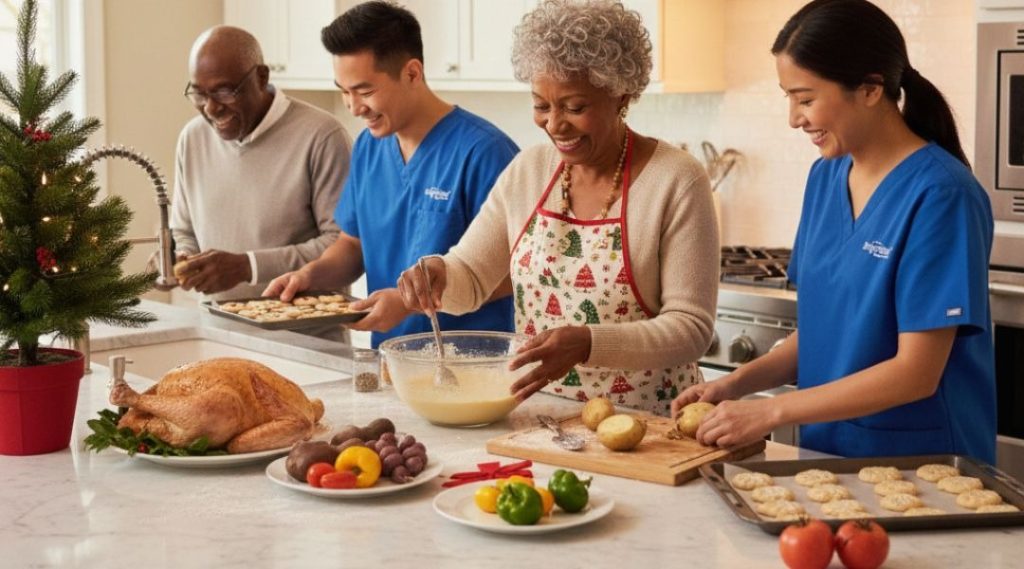 Four adults smiling while preparing a holiday meal in a bright kitchen, including two caregivers in blue scrubs helping an older couple cook turkey and bake cookies.