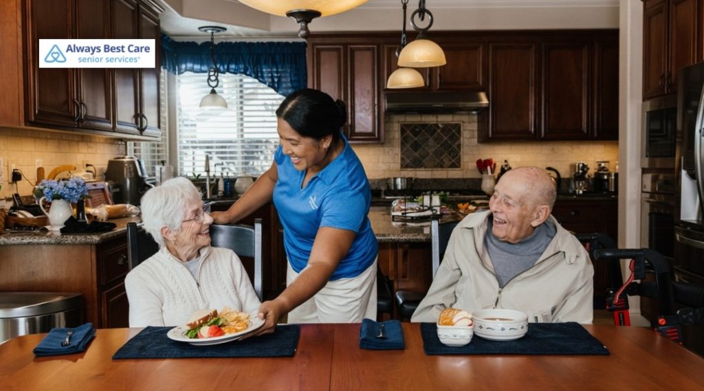 Female caregiver serving a plated meal to an elderly couple at the kitchen table, both smiling and enjoying senior home care support.