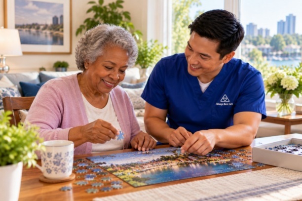 Caregiver and older adult completing an everyday activity together at home in Stamford, CT.