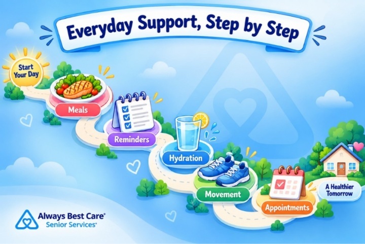 Illustrated daily support routine for older adults living with diabetes in Stamford, CT.
