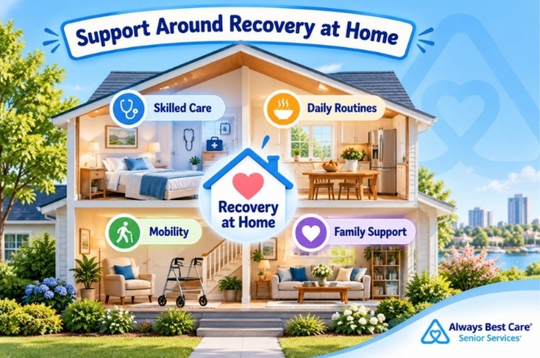 Illustrated guide showing different types of support during recovery at home in Stamford, CT.