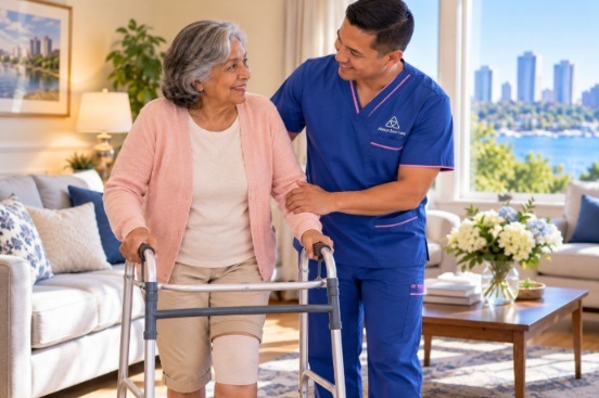 Caregiver assisting an older adult with everyday mobility during recovery at home in Stamford, CT.