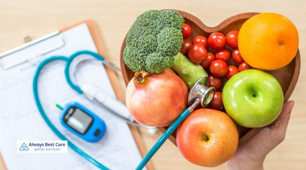 A close-up image of a healthy food selection, including fruits and vegetables, with a stethoscope and a blood glucose meter, representing diabetes care and healthy eating.