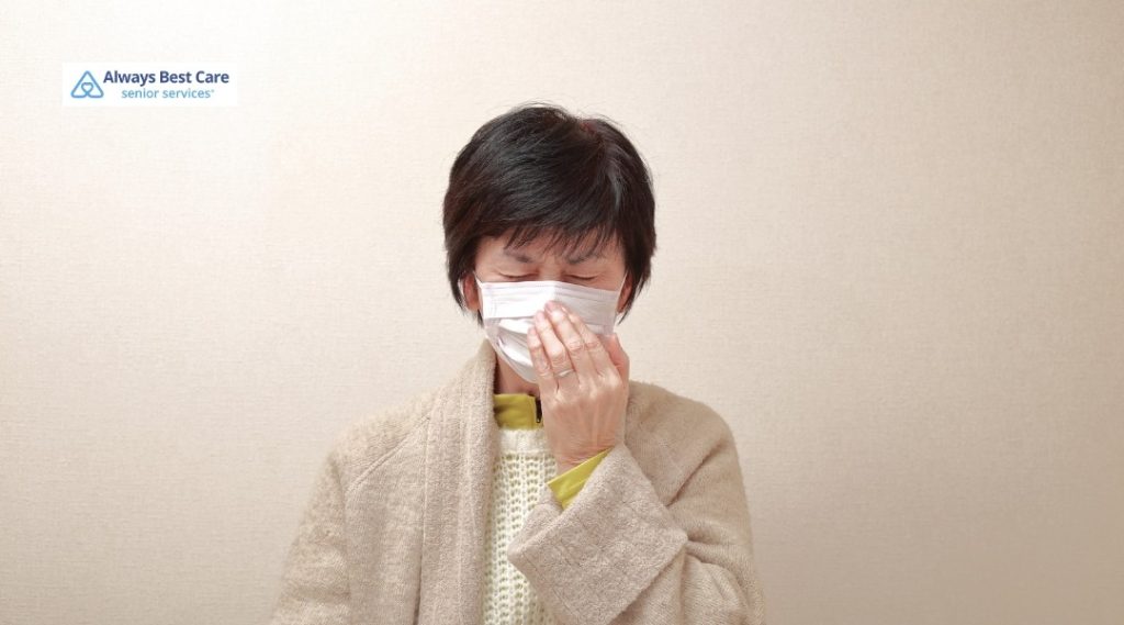 Senior wearing white face mask for spring cleaning
