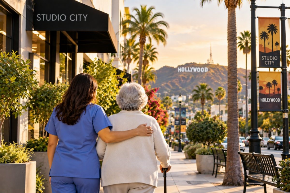 Caregiver and aging parent exploring Studio City near North Hollywood, CA.