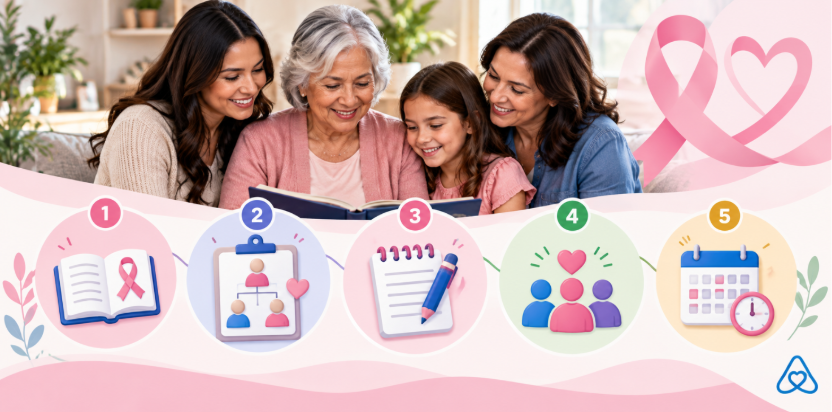 Family learning about breast cancer awareness through health education, family history, and preventive care.