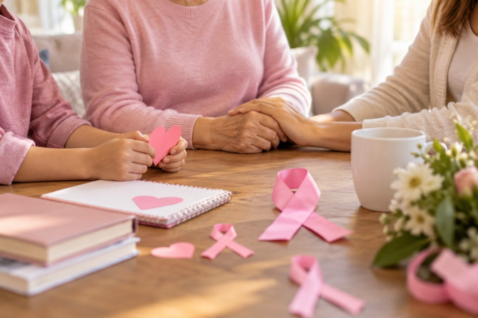 Family learning about breast cancer awareness together in Burbank, CA.