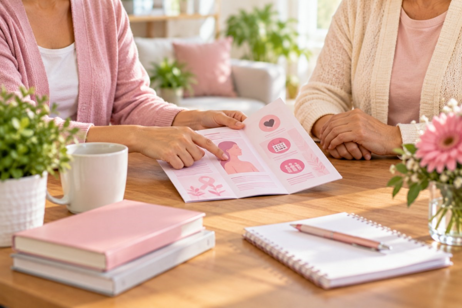 Family discussing breast cancer awareness together in Valley Village, CA.