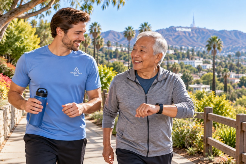 Caregiver accompanying an older man on a daily walk while he checks his smartwatch in Studio City, CA.
