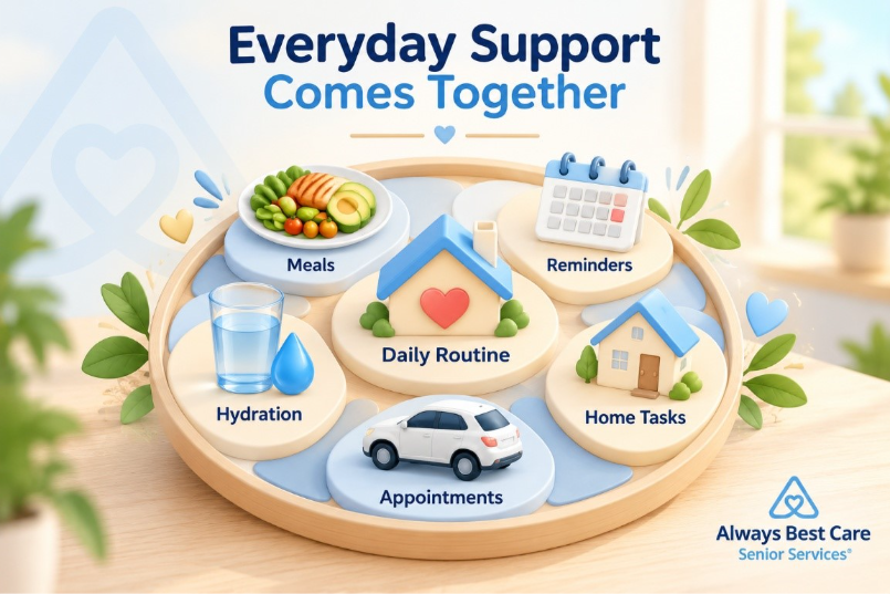 3D infographic illustrating meals, reminders, hydration, appointments, and home tasks that support an older adult’s daily routine in Studio City, CA.
