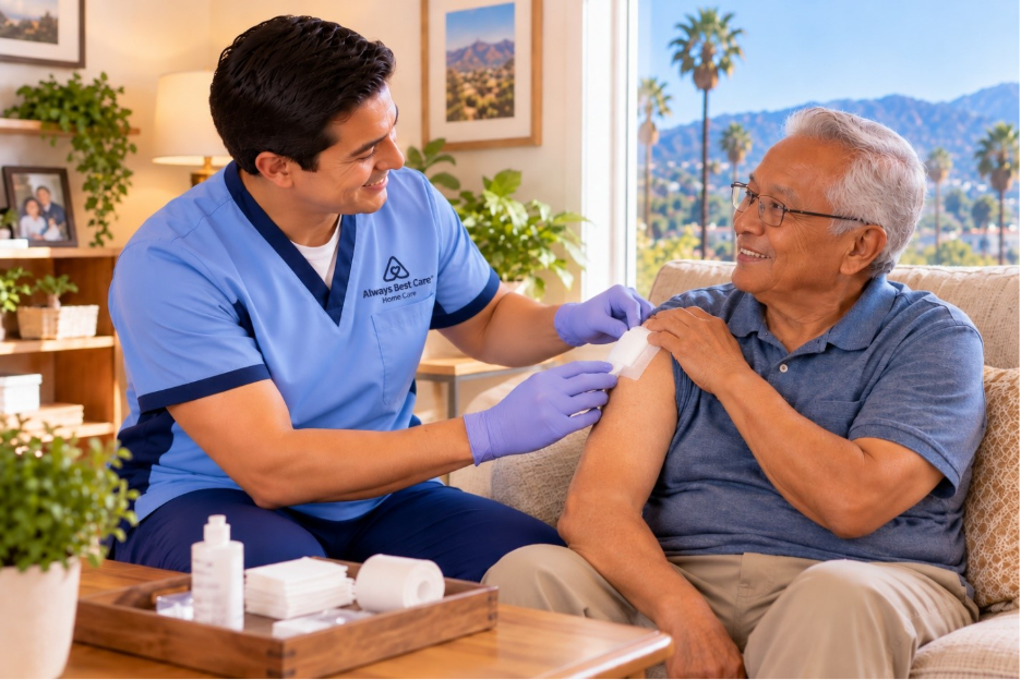 Male caregiver providing wound care support to an older man recovering at home in Studio City, CA.