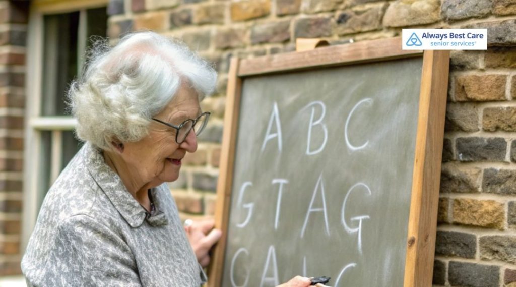 Elderly woman smiling while writing letters on a chalkboard during a cognitive activity session supported by a senior caregiver.