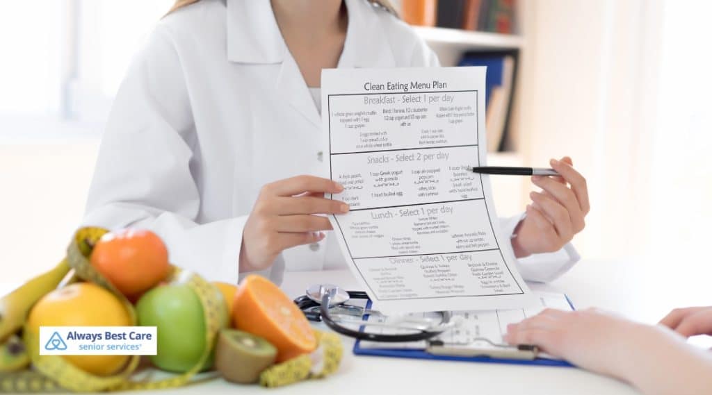 A caregiver in a medical setting discusses a clean eating menu plan with a senior client, showing healthy food choices for diabetes management.