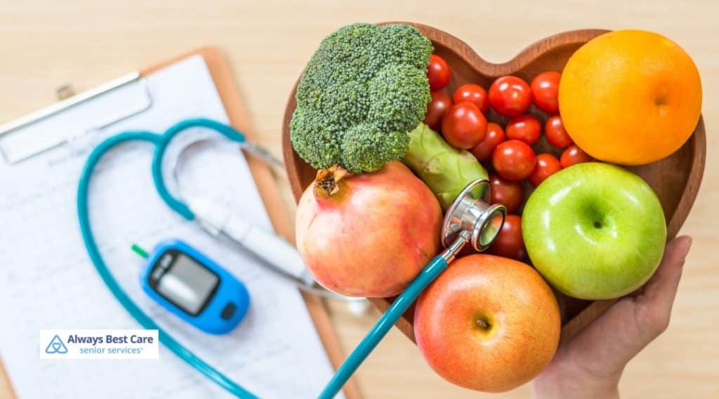 A close-up image of a healthy food selection, including fruits and vegetables, with a stethoscope and a blood glucose meter, representing diabetes care and healthy eating.