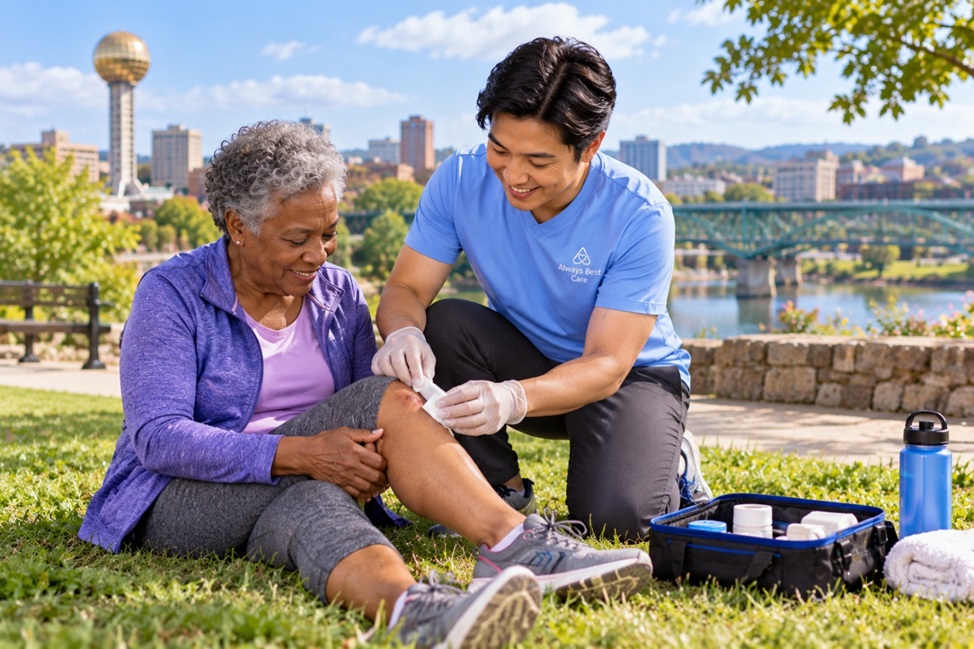 Caregiver assisting an older adult with everyday activities during wound recovery at home in Knoxville, TN.