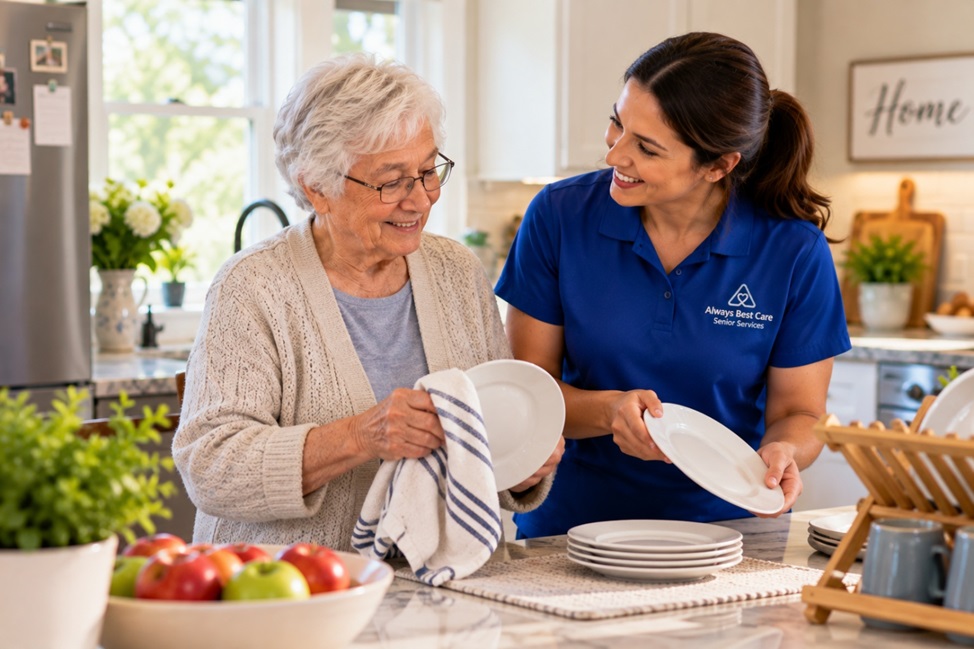 Caregiver and older adult completing an everyday household activity together in Upper BuxMont.