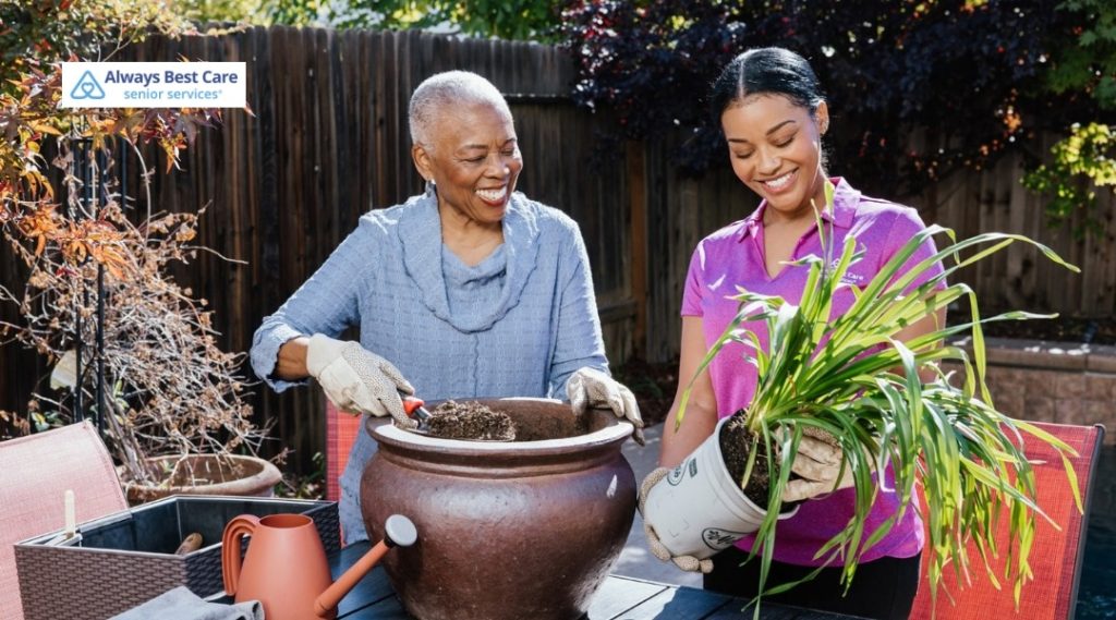  Caregiver assisting an older woman outdoors in a garden.