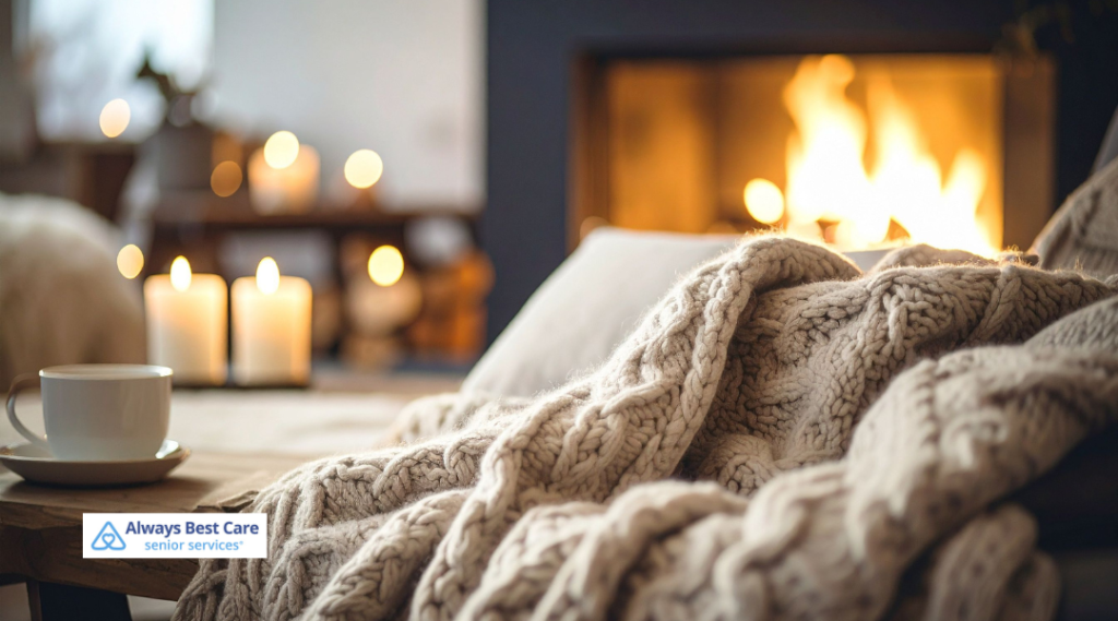 Cozy winter scene with a knit blanket, warm drink, and fireplace glowing in the background, symbolizing comfort and relaxation supported by Always Best Care.
