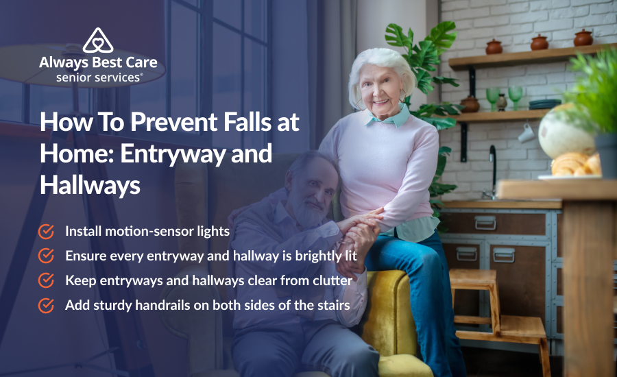 An infographic highlighting fall prevention tips for entryways and hallways