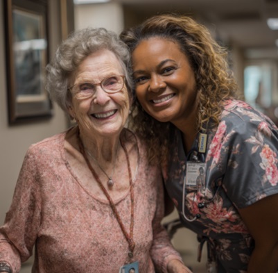 Caregiver and smiling senior woman sharing supportive companionship in Fitchburg, WI.